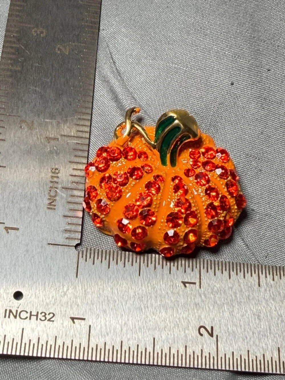 Rhinestone Pumpkin Brooch Orange Enamel Fall Pin Green Stem 1.25